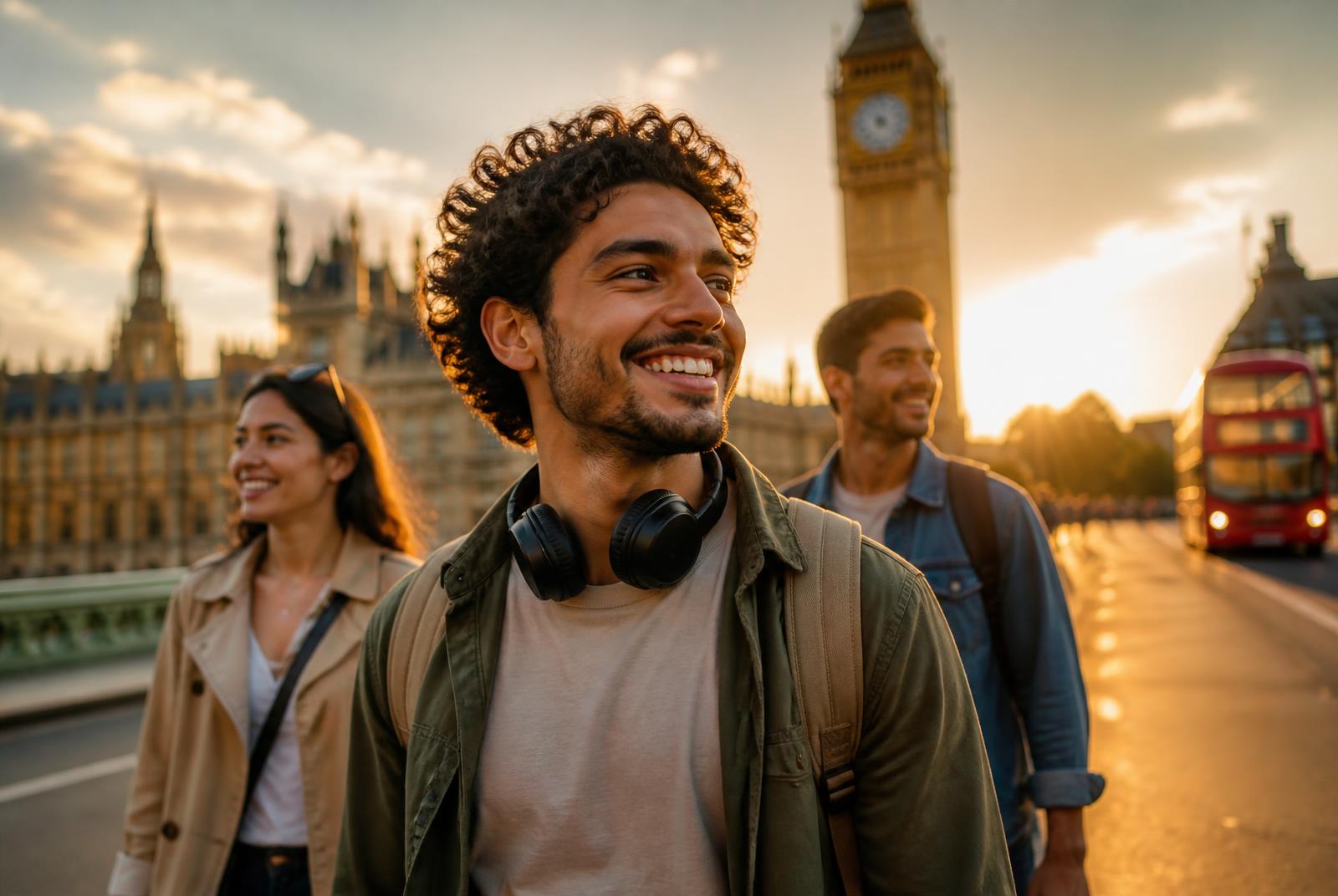 Brasileiros caminhando por Londres perto do Big Ben ao pôr do sol